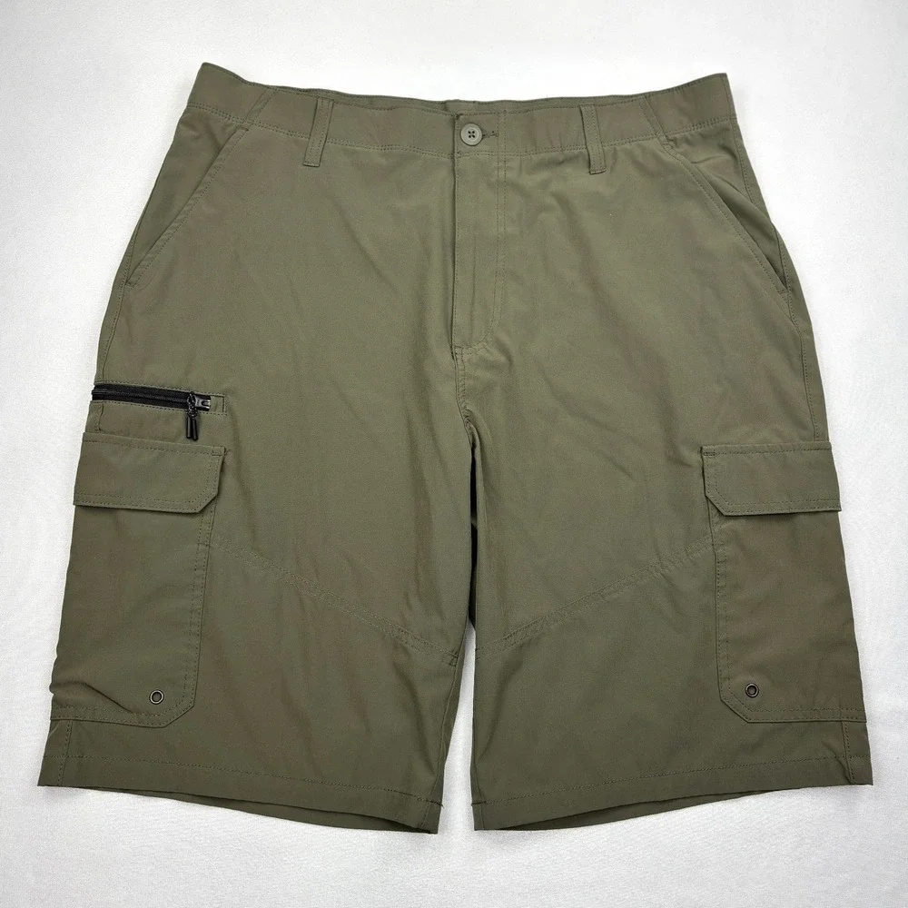 Iron Co Tech Stretch Cargo Shorts Mens Size 38 Olive Green Hiking Zipper Pocket